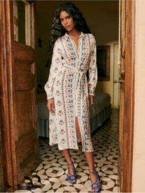 NWT- Magaschoni Floral 100% Linen Maxi Shirt Dress with Blue Floral Border Print